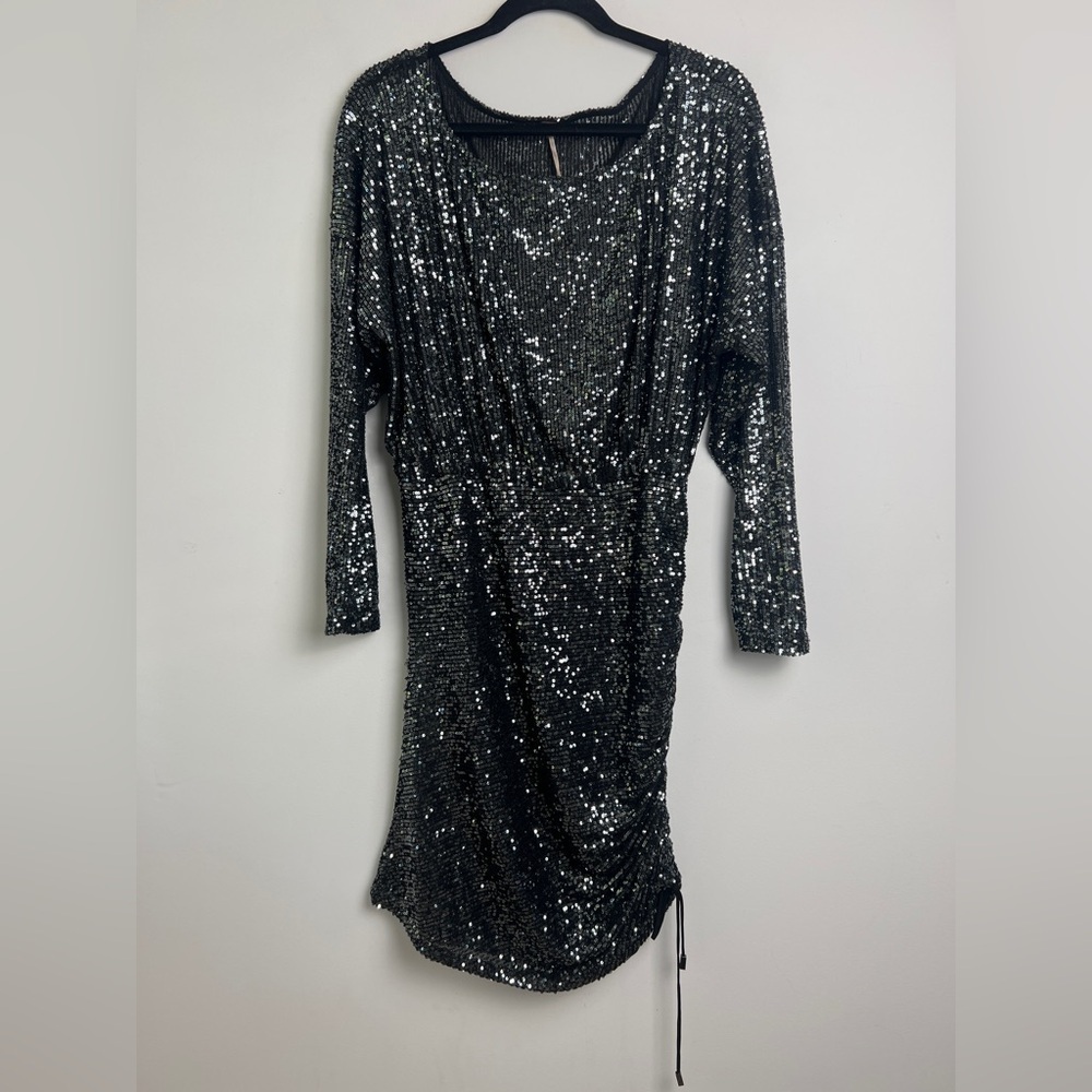 Free People Large Graphite Giselle Sequin Long Sleeve Ruched Skirt Mini Dress - Picture 3 of 15